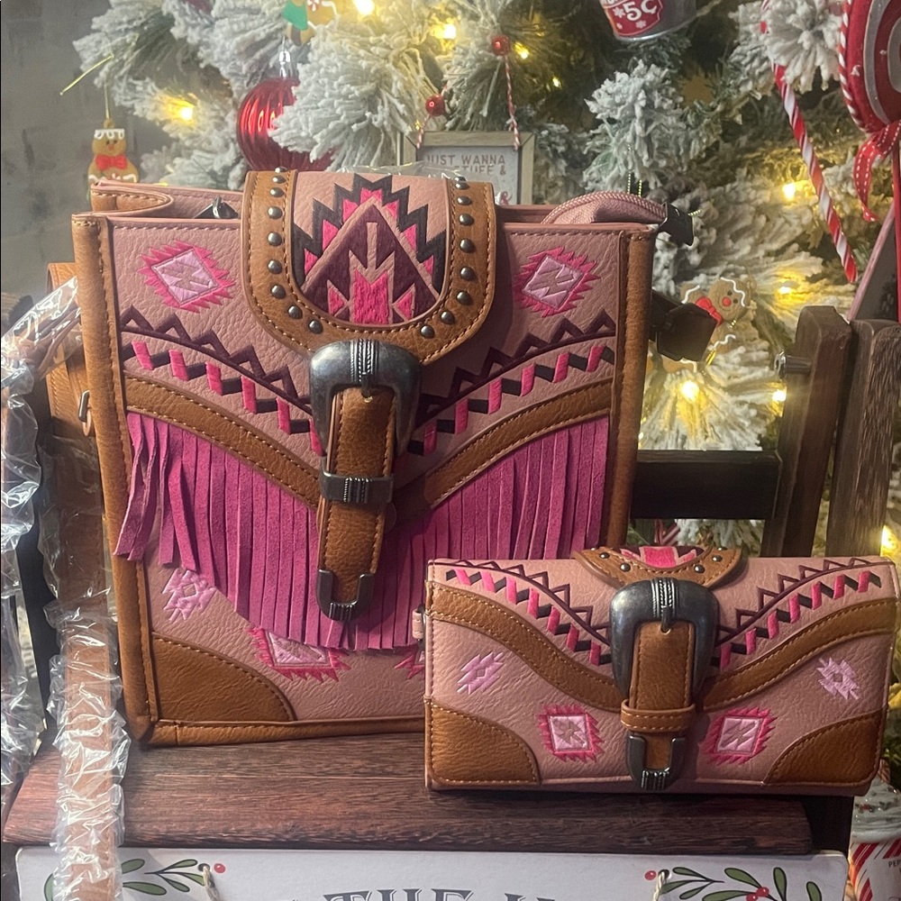 Montana West Pink and Brown Bohemian Shoulder Bag Set